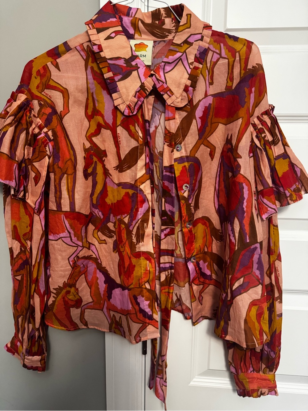 FARM Rio Pink Multi Horse-Print Tie-Front Button Shirt